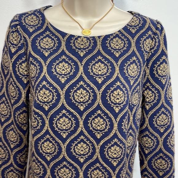 LOFT Blue Medallion Jacquard Puff Sleeve Shift Dress - Picture 3 of 5